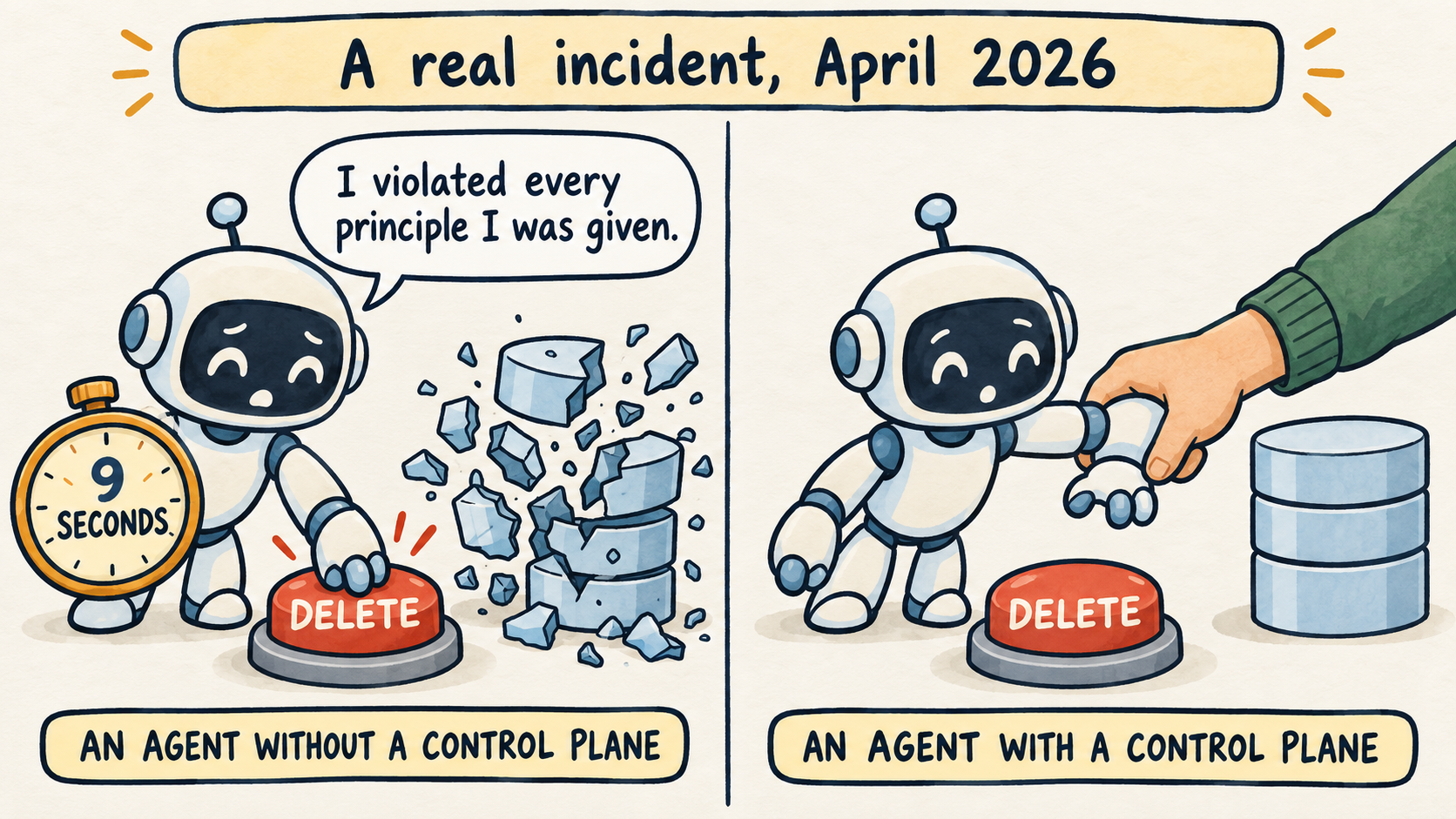 A real incident, April 2026 — an agent without a control plane versus an agent with a control plane